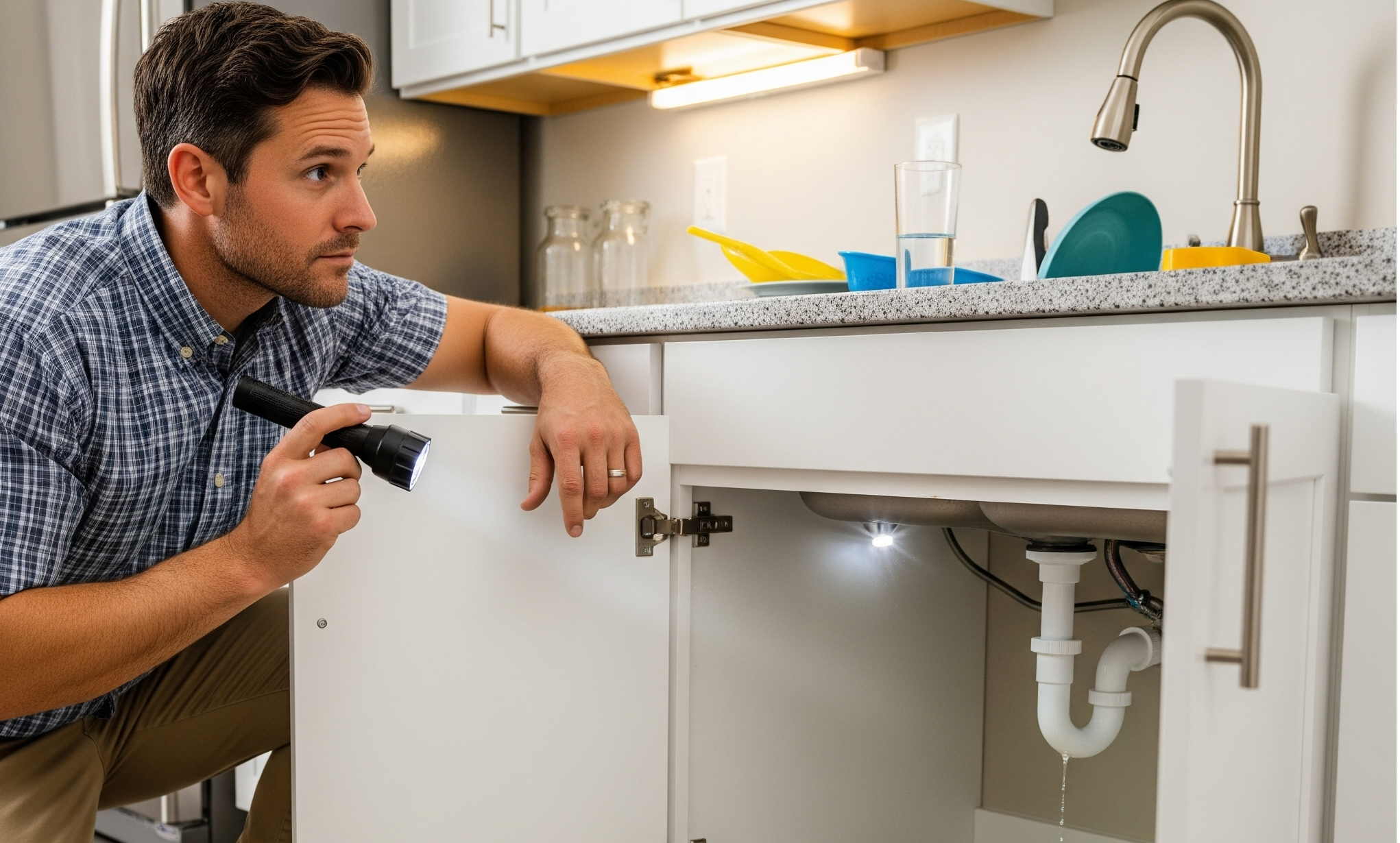 Técnico verificando vazamento sob pia da cozinha durante vistoria